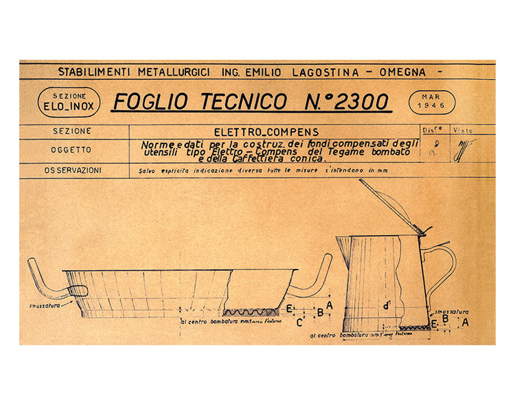 Technical draft no. 2300 dating from March 1946 depicting the domed pan and conical coffee pot with a reinforced base from the Elettro-Compens line.