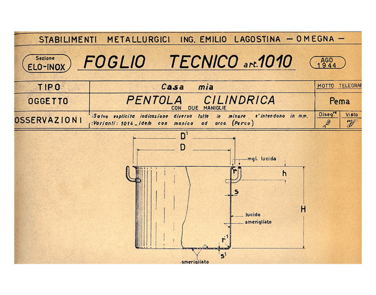 Technical draft dating from August 1944 showing the two-handled cooking pot of the Casa Mia line.