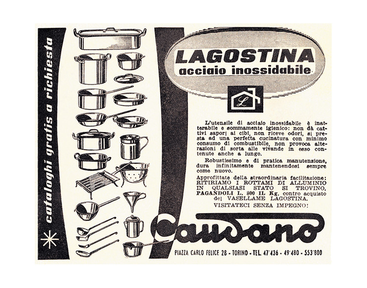 An advertisement for the Caudano store in Turin, showing the first emblematic aluminium cooking pot destruction campaign