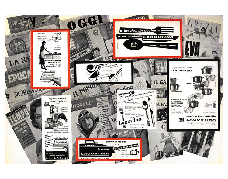 Inside pages from the brochure "La pubblicità Lagostina vi aiuta a vendere" ("Lagostina advertising helps you sell"), where the company presents a review of the forms of advertising used in the late 1950s