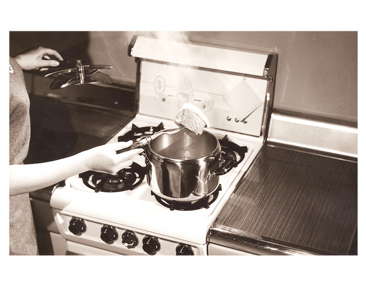 Scenes from a television commercial of the 1960s showing the use of a pressure cooker in the kitchen